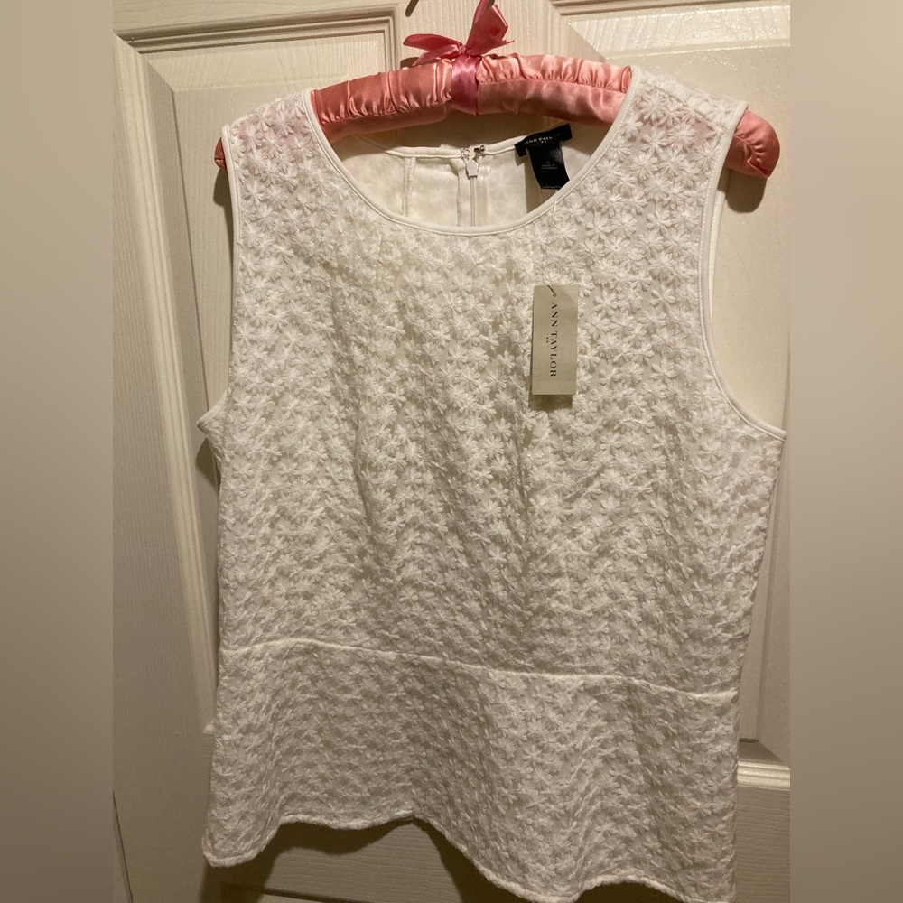 New with Tags, White Sleeveless Sheer Floral Overlay Blouse, Size 12